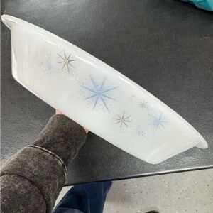 Vintage Glasbake Atomic Starburst Serving Dish Milk Glass Dish Made in USA MCM